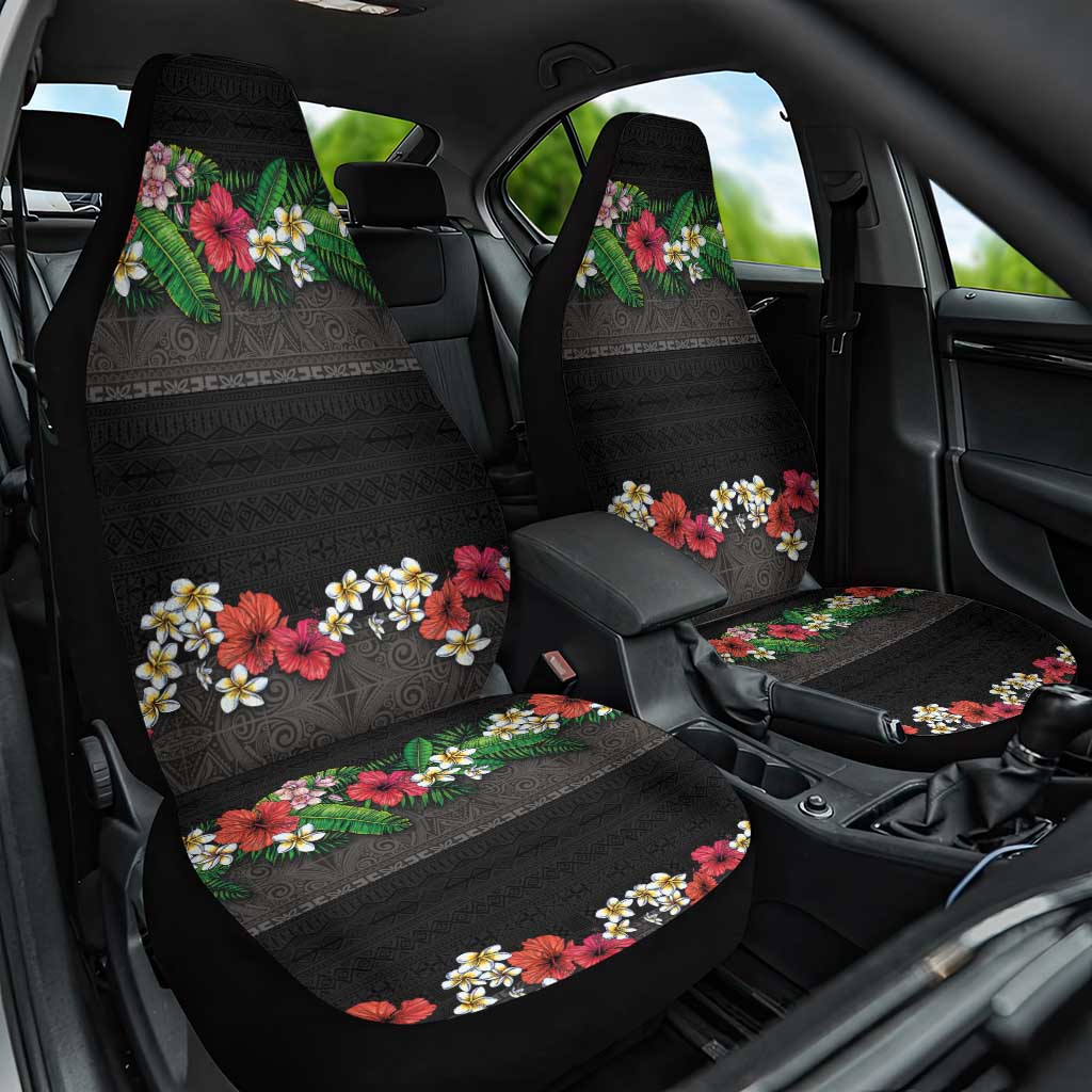 Hawaiian Tropical Flowers and Tribal Polynesian Tattoo Car Seat Cover Black Color LT03 One Size Black - Polynesian Pride