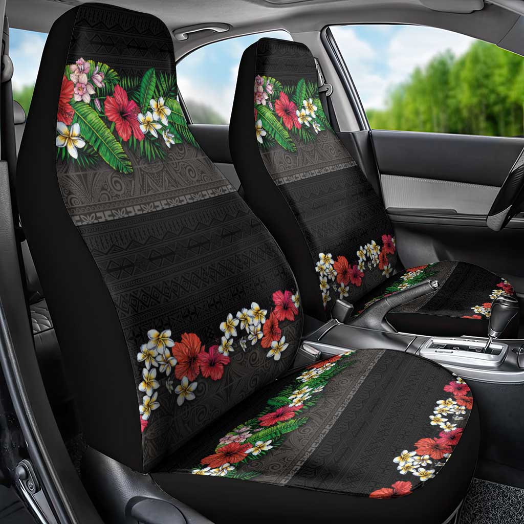 Hawaiian Tropical Flowers and Tribal Polynesian Tattoo Car Seat Cover Black Color LT03 - Polynesian Pride