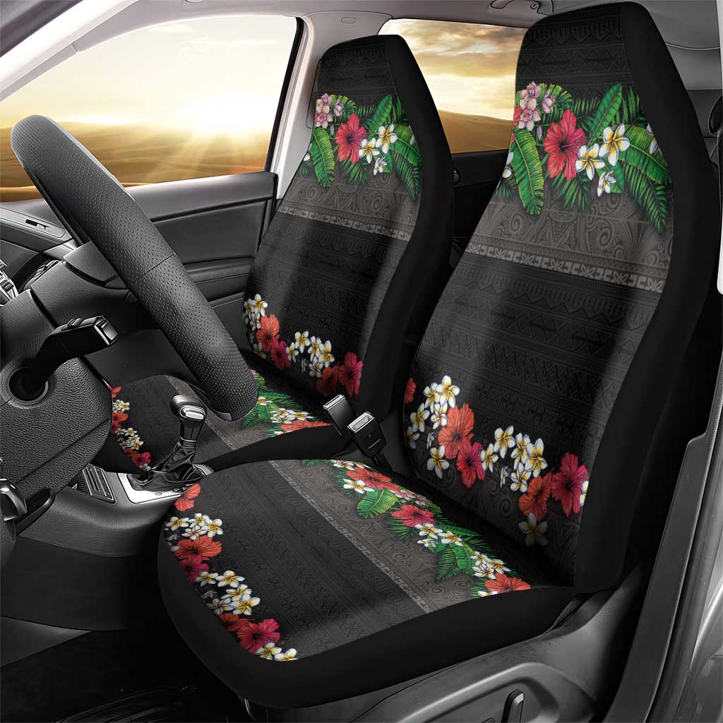 Hawaiian Tropical Flowers and Tribal Polynesian Tattoo Car Seat Cover Black Color LT03 - Polynesian Pride