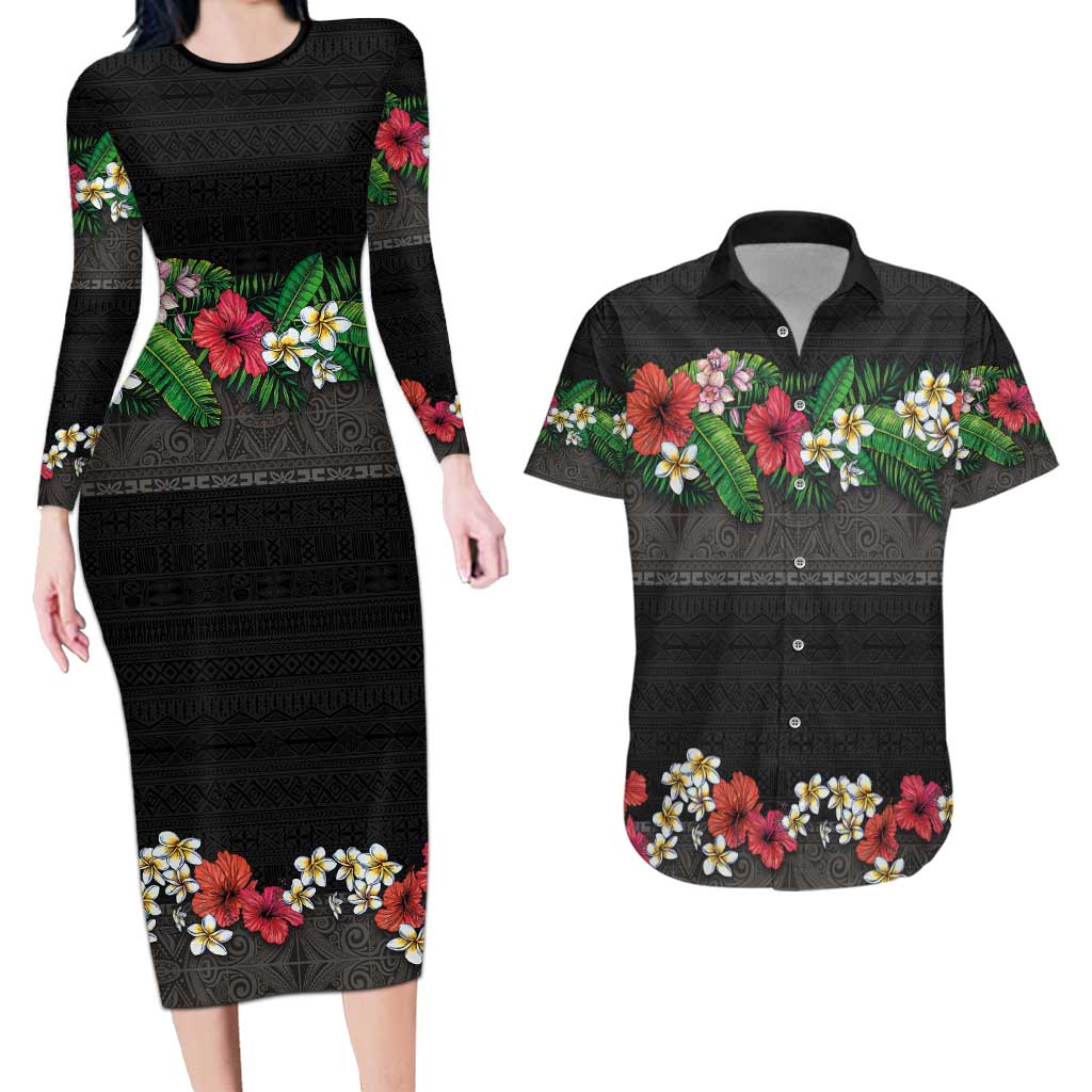 Hawaiian Tropical Flowers and Tribal Polynesian Tattoo Couples Matching Long Sleeve Bodycon Dress and Hawaiian Shirt Black Color LT03 Black - Polynesian Pride