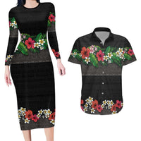 Hawaiian Tropical Flowers and Tribal Polynesian Tattoo Couples Matching Long Sleeve Bodycon Dress and Hawaiian Shirt Black Color LT03 Black - Polynesian Pride