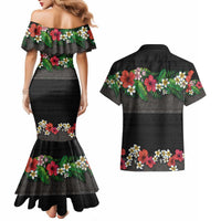 Hawaiian Tropical Flowers and Tribal Polynesian Tattoo Couples Matching Mermaid Dress and Hawaiian Shirt Black Color LT03 - Polynesian Pride