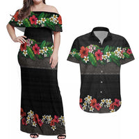 Hawaiian Tropical Flowers and Tribal Polynesian Tattoo Couples Matching Off Shoulder Maxi Dress and Hawaiian Shirt Black Color LT03 Black - Polynesian Pride