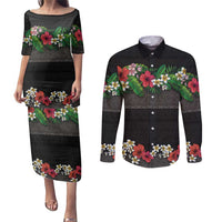 Hawaiian Tropical Flowers and Tribal Polynesian Tattoo Couples Matching Puletasi and Long Sleeve Button Shirt Black Color LT03 Black - Polynesian Pride