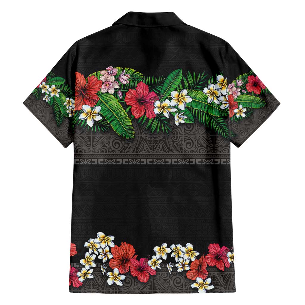 Hawaiian Tropical Flowers and Tribal Polynesian Tattoo Family Matching Long Sleeve Bodycon Dress and Hawaiian Shirt Black Color