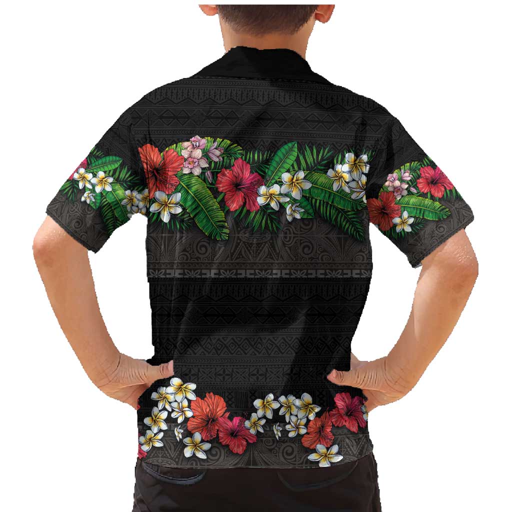 Hawaiian Tropical Flowers and Tribal Polynesian Tattoo Family Matching Mermaid Dress and Hawaiian Shirt Black Color LT03 - Polynesian Pride