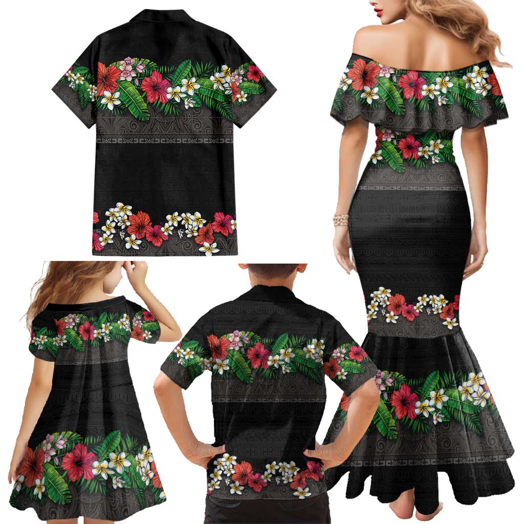 Hawaiian Tropical Flowers and Tribal Polynesian Tattoo Family Matching Mermaid Dress and Hawaiian Shirt Black Color LT03 - Polynesian Pride