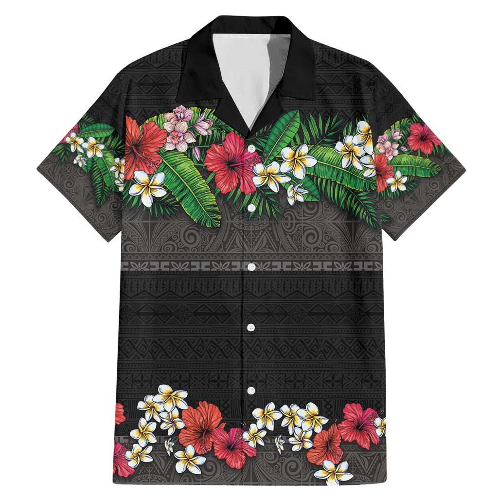 Hawaiian Tropical Flowers and Tribal Polynesian Tattoo Family Matching Mermaid Dress and Hawaiian Shirt Black Color LT03 Dad's Shirt - Short Sleeve Black - Polynesian Pride