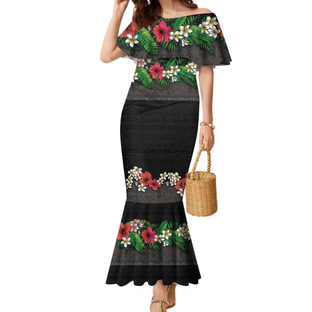 Hawaiian Tropical Flowers and Tribal Polynesian Tattoo Family Matching Mermaid Dress and Hawaiian Shirt Black Color LT03 Mom's Dress Black - Polynesian Pride