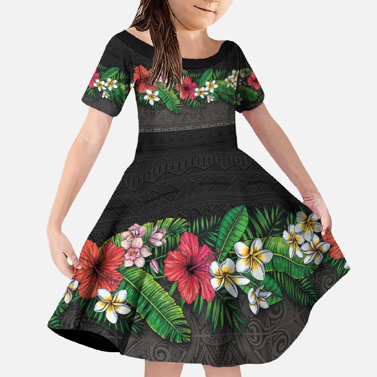 Hawaiian Tropical Flowers and Tribal Polynesian Tattoo Family Matching Off The Shoulder Long Sleeve Dress and Hawaiian Shirt Black Color LT03 Daughter's Dress Black - Polynesian Pride