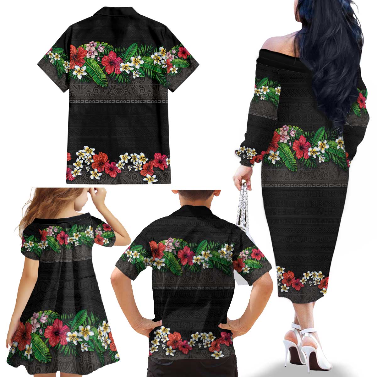Hawaiian Tropical Flowers and Tribal Polynesian Tattoo Family Matching Off The Shoulder Long Sleeve Dress and Hawaiian Shirt Black Color LT03 - Polynesian Pride