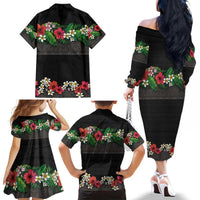 Hawaiian Tropical Flowers and Tribal Polynesian Tattoo Family Matching Off The Shoulder Long Sleeve Dress and Hawaiian Shirt Black Color LT03 - Polynesian Pride