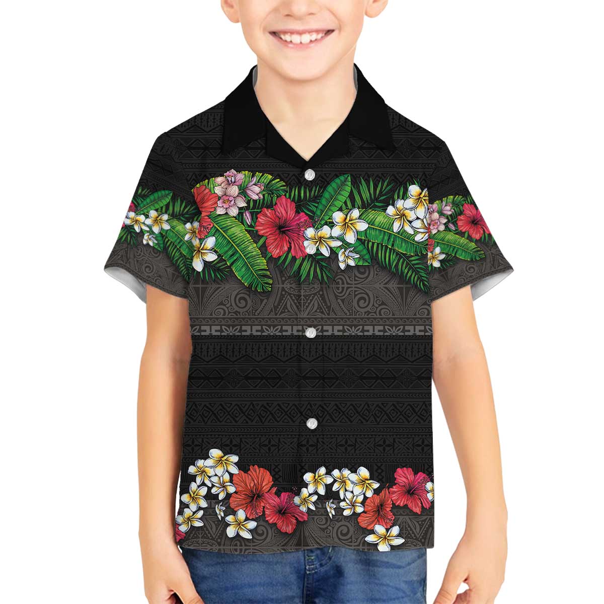 Hawaiian Tropical Flowers and Tribal Polynesian Tattoo Family Matching Off The Shoulder Long Sleeve Dress and Hawaiian Shirt Black Color LT03 Son's Shirt Black - Polynesian Pride