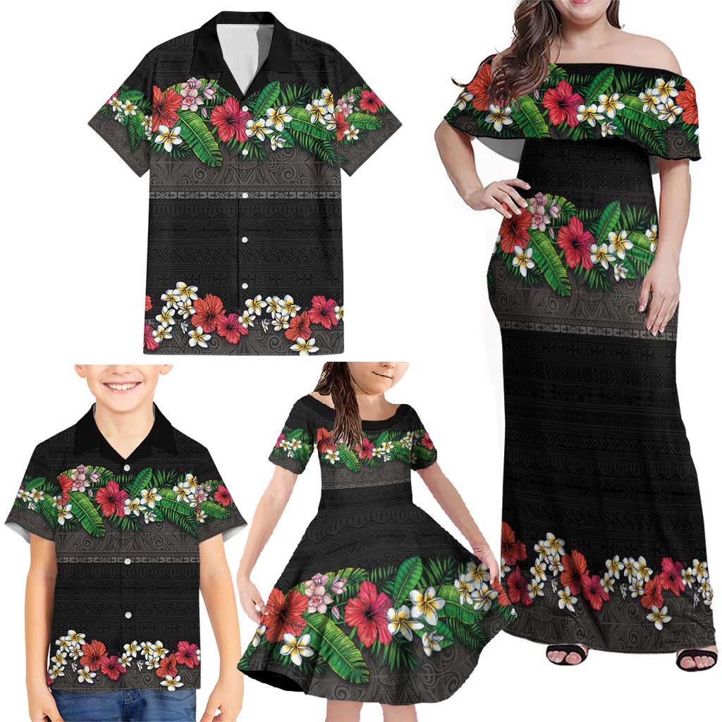 Hawaiian Tropical Flowers and Tribal Polynesian Tattoo Family Matching Off Shoulder Maxi Dress and Hawaiian Shirt Black Color LT03 - Polynesian Pride