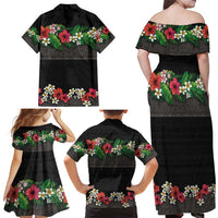 Hawaiian Tropical Flowers and Tribal Polynesian Tattoo Family Matching Off Shoulder Maxi Dress and Hawaiian Shirt Black Color LT03 - Polynesian Pride