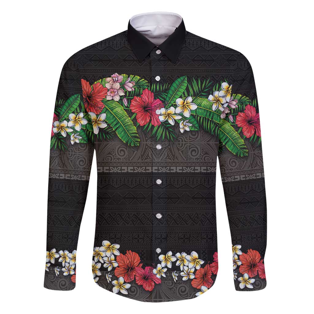 Hawaiian Tropical Flowers and Tribal Polynesian Tattoo Family Matching Off Shoulder Maxi Dress and Hawaiian Shirt Black Color LT03 Dad's Shirt - Long Sleeve Black - Polynesian Pride