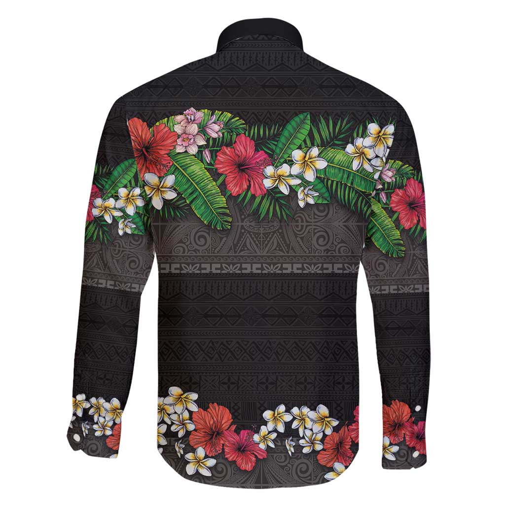 Hawaiian Tropical Flowers and Tribal Polynesian Tattoo Family Matching Off Shoulder Maxi Dress and Hawaiian Shirt Black Color LT03 - Polynesian Pride