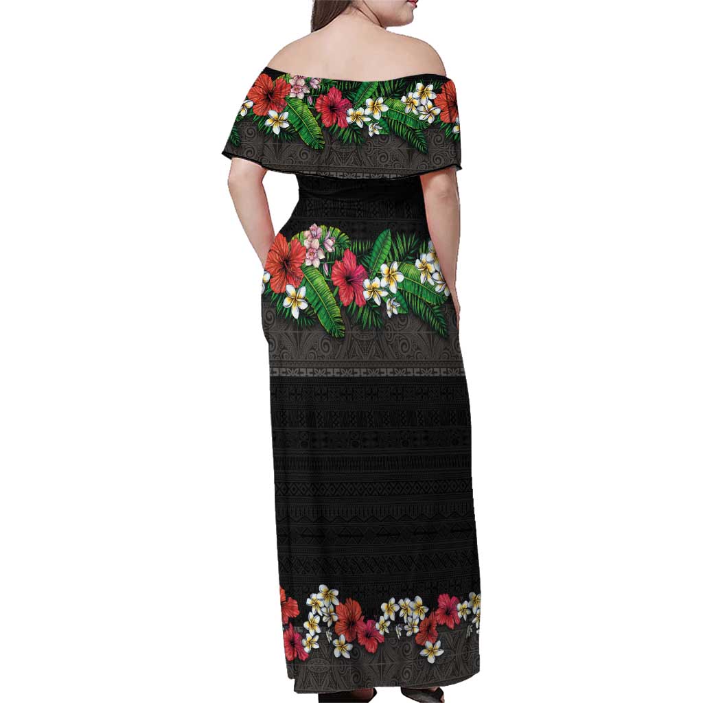 Hawaiian Tropical Flowers and Tribal Polynesian Tattoo Family Matching Off Shoulder Maxi Dress and Hawaiian Shirt Black Color LT03 - Polynesian Pride