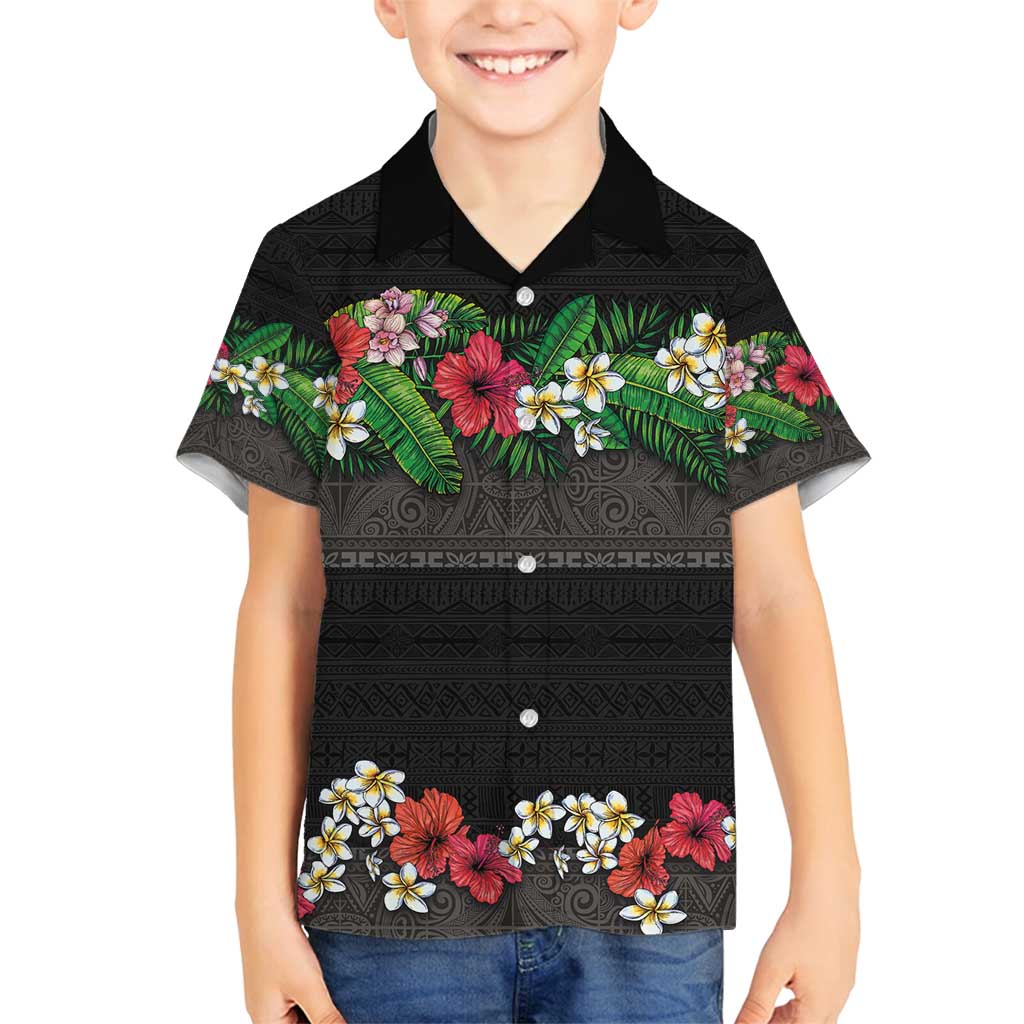 Hawaiian Tropical Flowers and Tribal Polynesian Tattoo Family Matching Off Shoulder Maxi Dress and Hawaiian Shirt Black Color LT03 Son's Shirt Black - Polynesian Pride