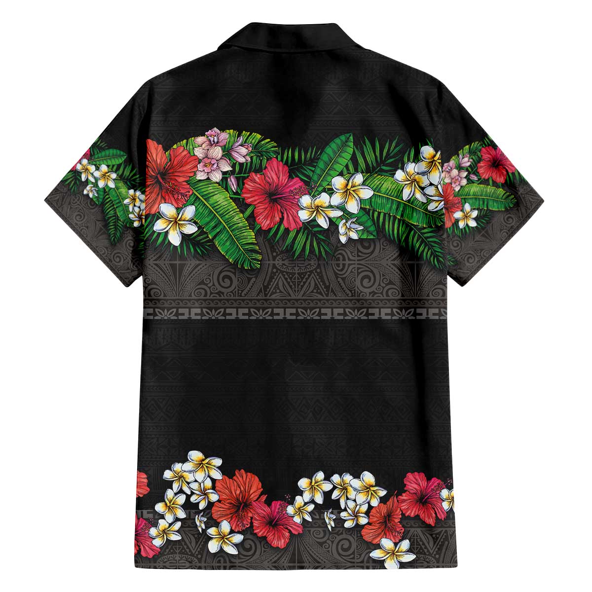 Hawaiian Tropical Flowers and Tribal Polynesian Tattoo Family Matching Off Shoulder Short Dress and Hawaiian Shirt Black Color