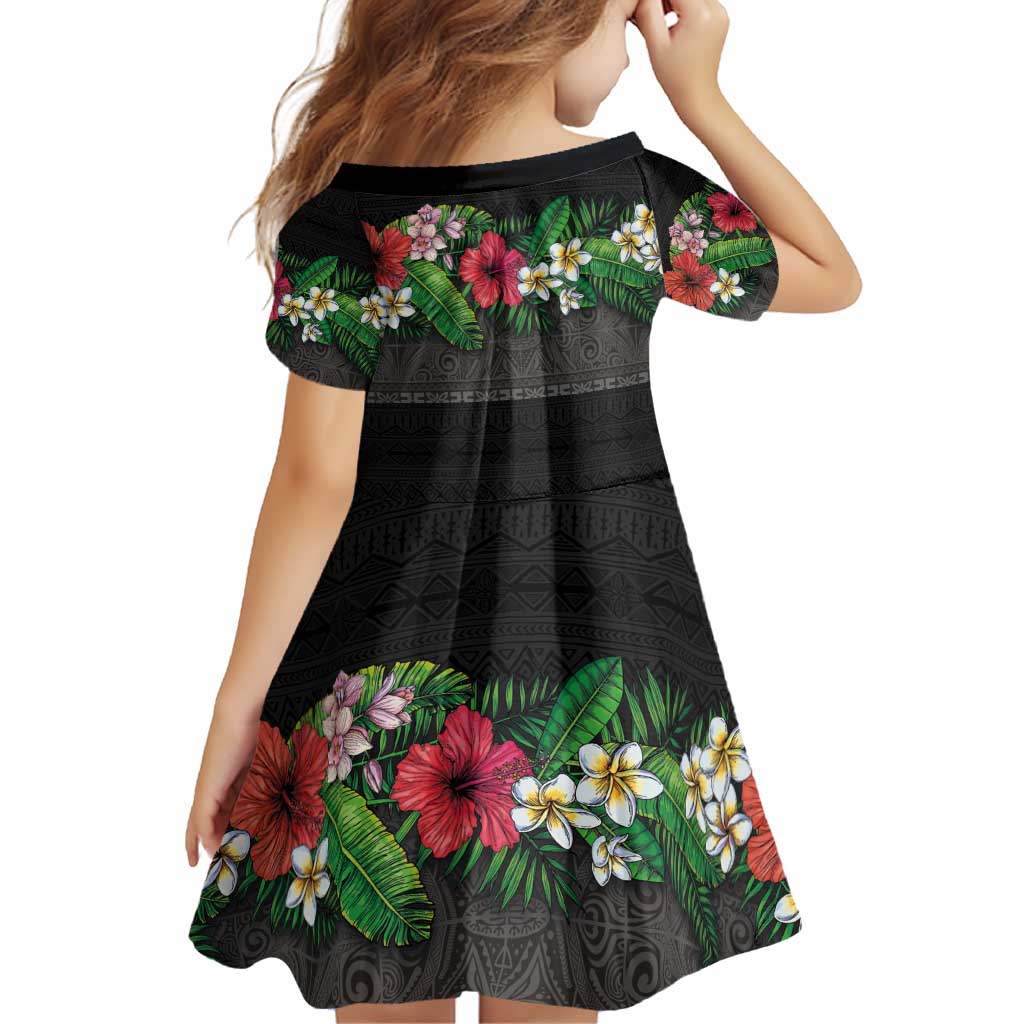 Hawaiian Tropical Flowers and Tribal Polynesian Tattoo Family Matching Puletasi and Hawaiian Shirt Black Color LT03 - Polynesian Pride