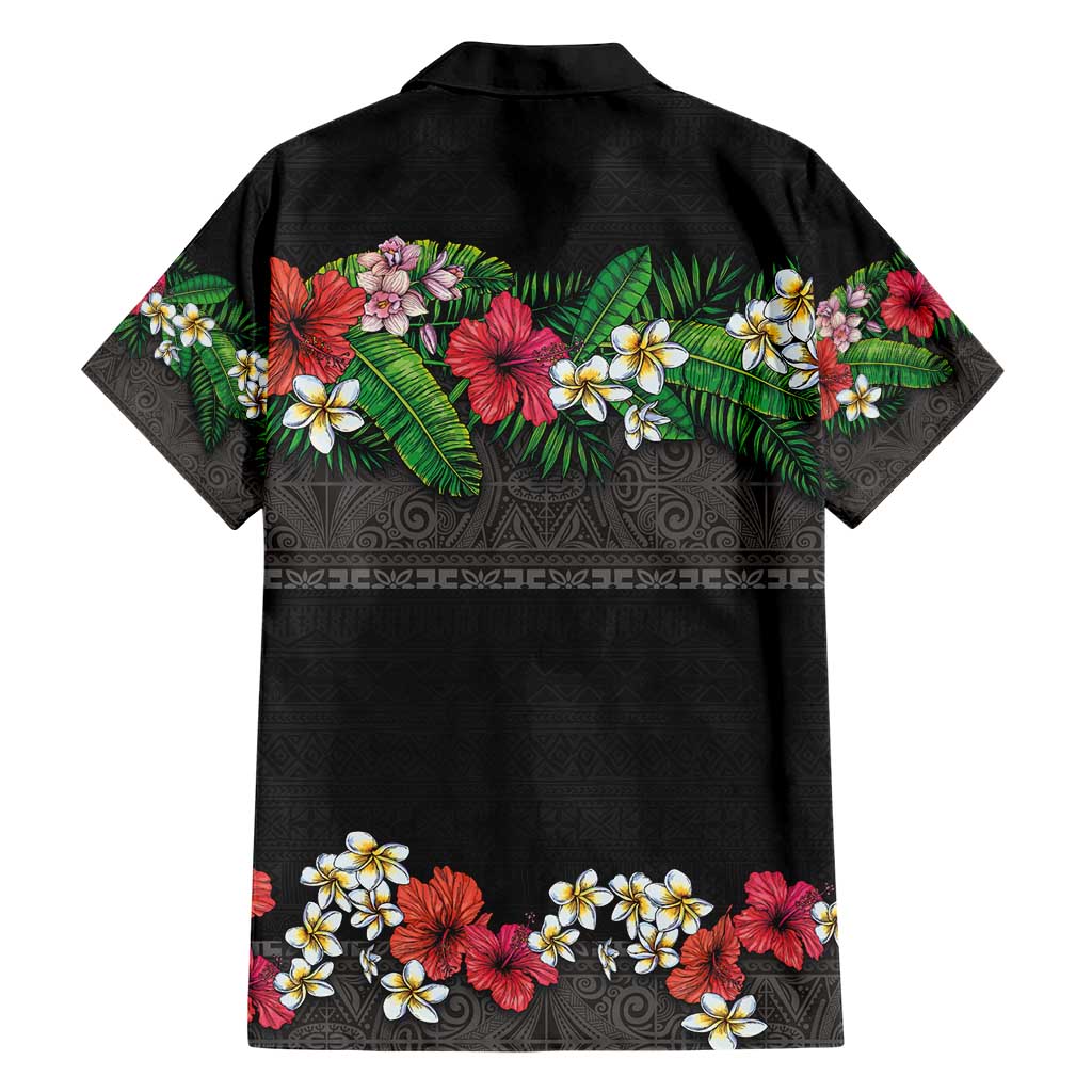 Hawaiian Tropical Flowers and Tribal Polynesian Tattoo Family Matching Short Sleeve Bodycon Dress and Hawaiian Shirt Black Color
