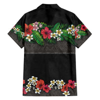 Hawaiian Tropical Flowers and Tribal Polynesian Tattoo Family Matching Short Sleeve Bodycon Dress and Hawaiian Shirt Black Color