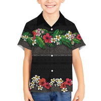 Hawaiian Tropical Flowers and Tribal Polynesian Tattoo Family Matching Short Sleeve Bodycon Dress and Hawaiian Shirt Black Color