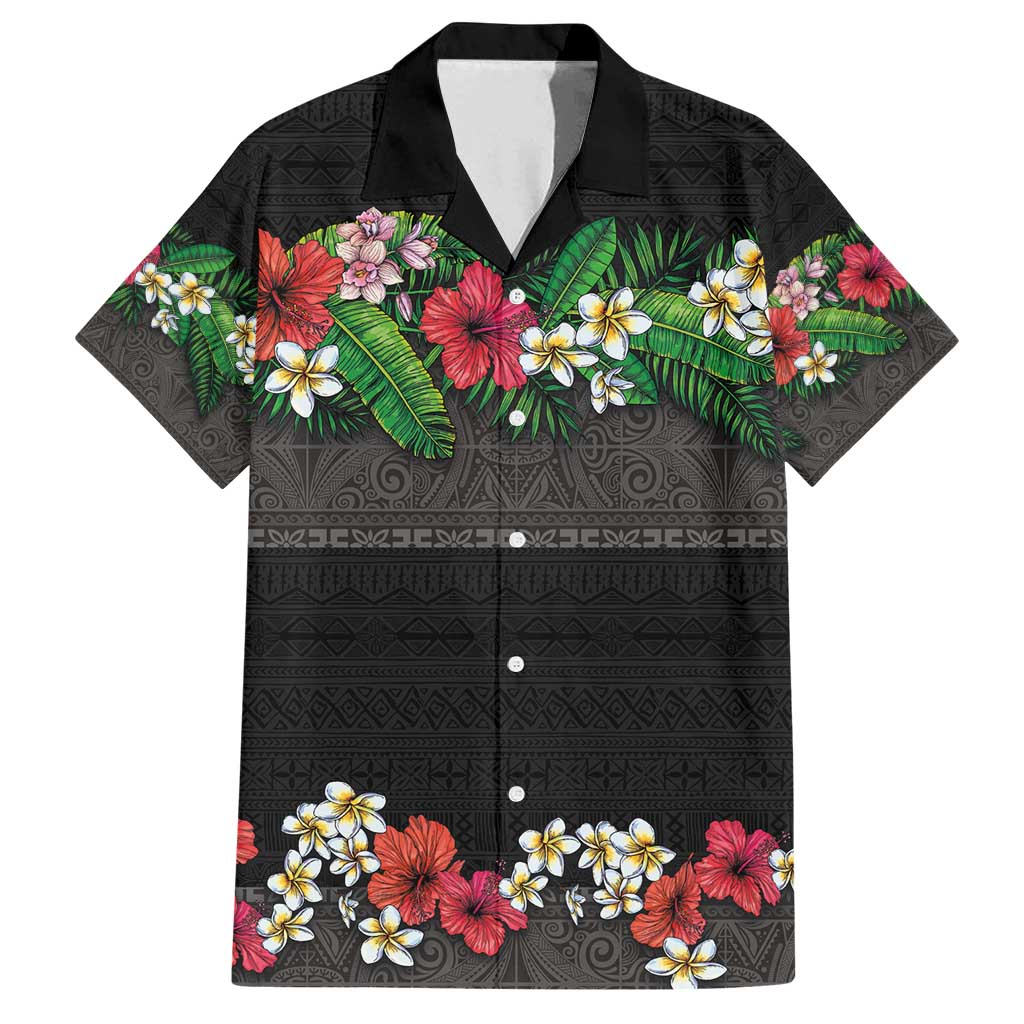 Hawaiian Tropical Flowers and Tribal Polynesian Tattoo Family Matching Summer Maxi Dress and Hawaiian Shirt Black Color