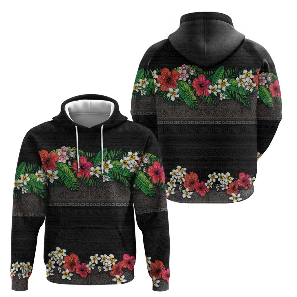 Hawaiian Tropical Flowers and Tribal Polynesian Tattoo Hoodie Black Color LT03 - Polynesian Pride