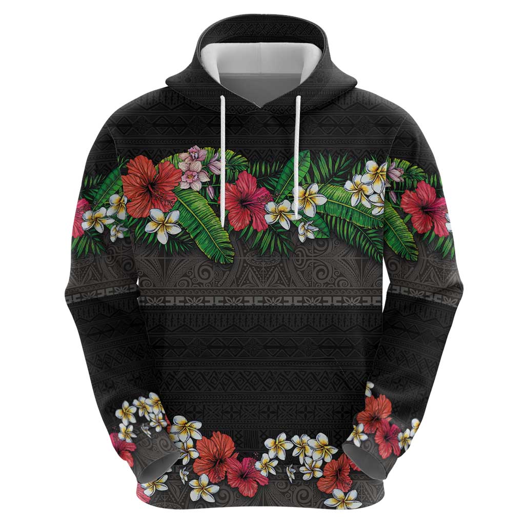 Hawaiian Tropical Flowers and Tribal Polynesian Tattoo Hoodie Black Color LT03 - Polynesian Pride