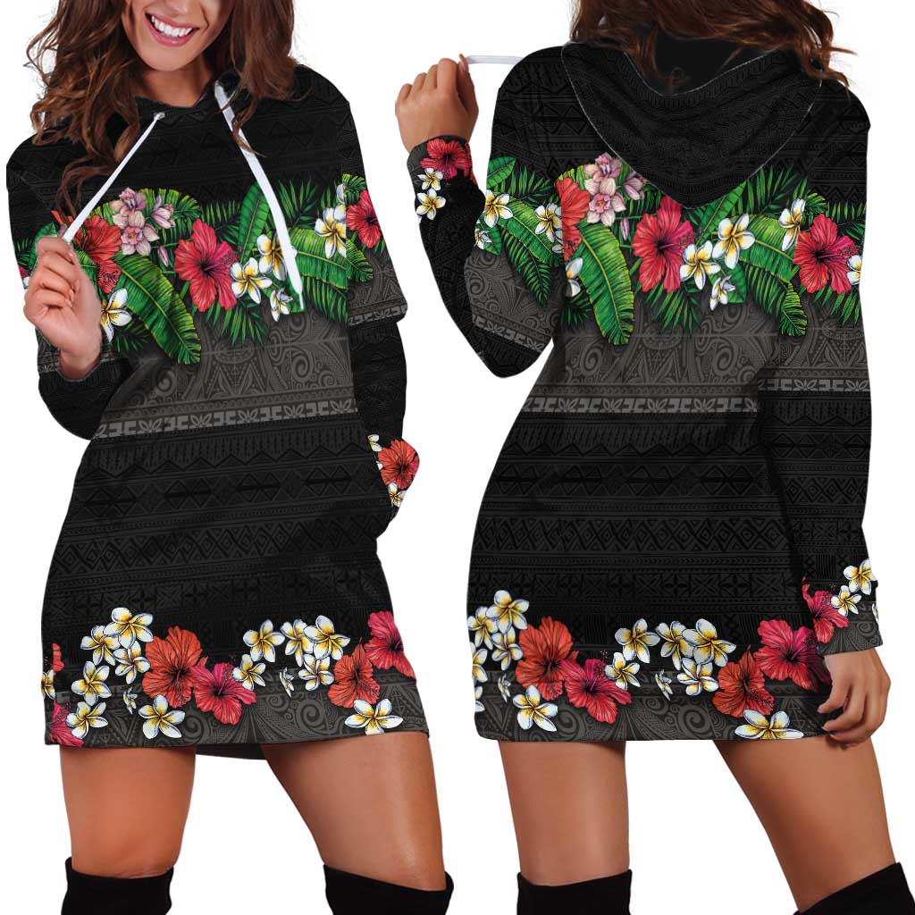 Hawaiian Tropical Flowers and Tribal Polynesian Tattoo Hoodie Dress Black Color LT03 - Polynesian Pride