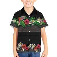 Hawaiian Tropical Flowers and Tribal Polynesian Tattoo Kid Hawaiian Shirt Black Color LT03 Kid Black - Polynesian Pride