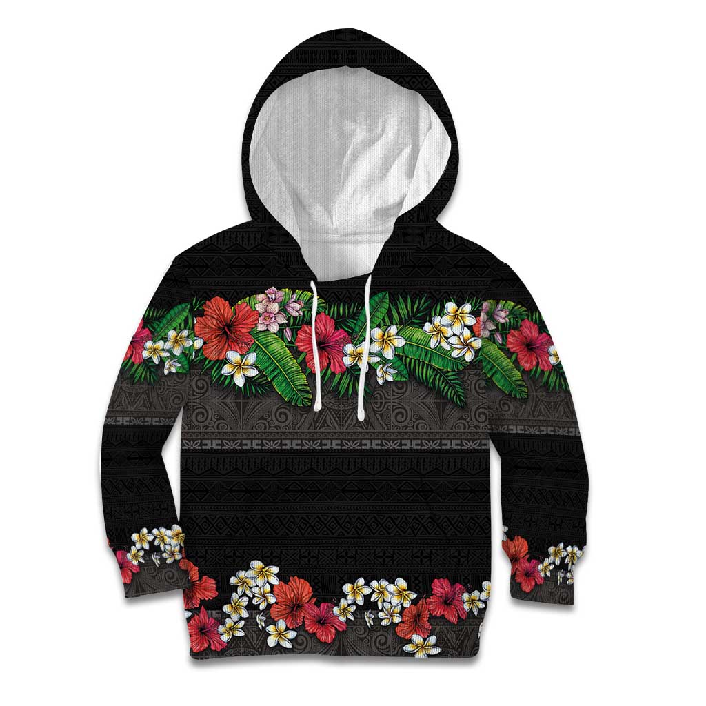 Hawaiian Tropical Flowers and Tribal Polynesian Tattoo Kid Hoodie Black Color LT03 Hoodie Black - Polynesian Pride