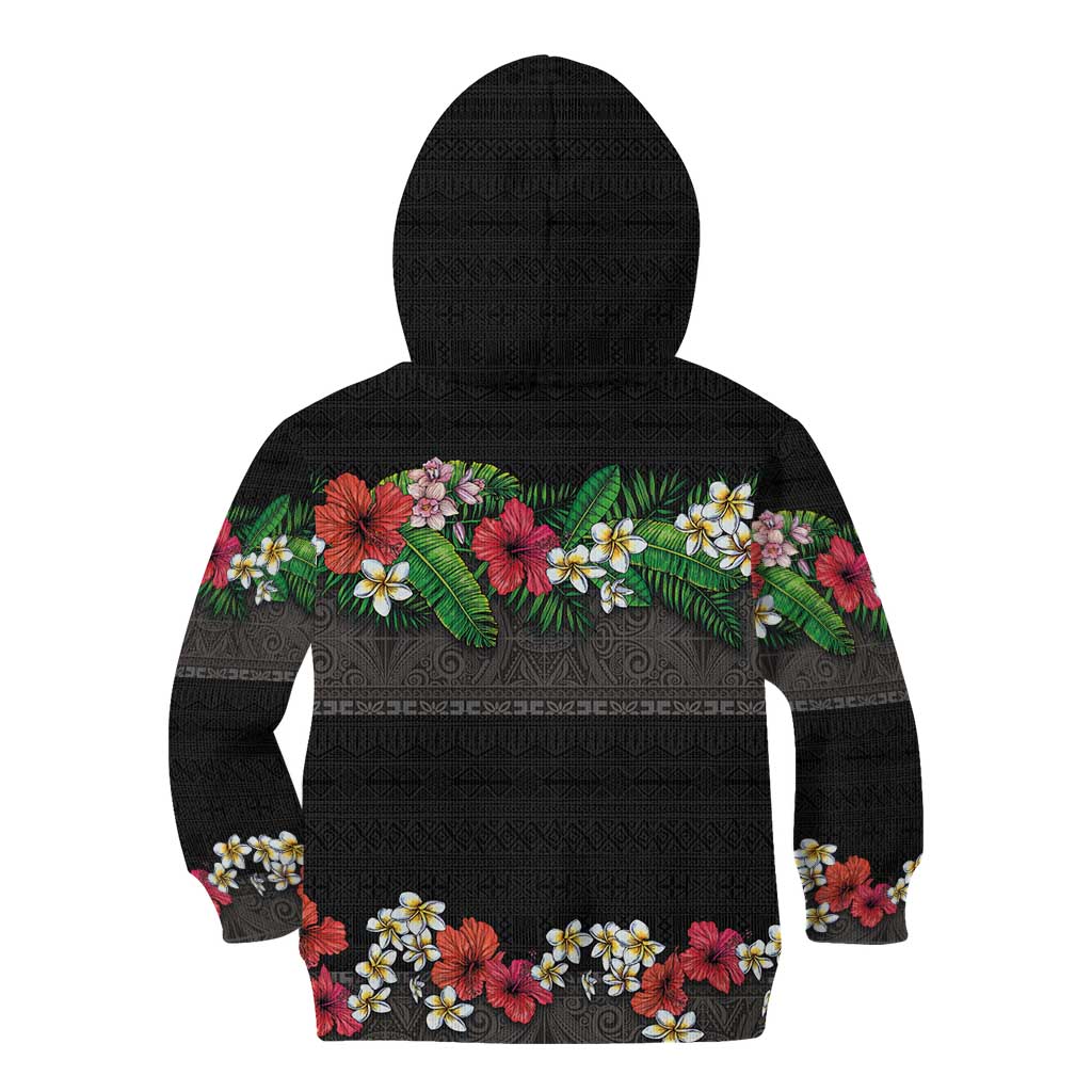 Hawaiian Tropical Flowers and Tribal Polynesian Tattoo Kid Hoodie Black Color LT03 - Polynesian Pride
