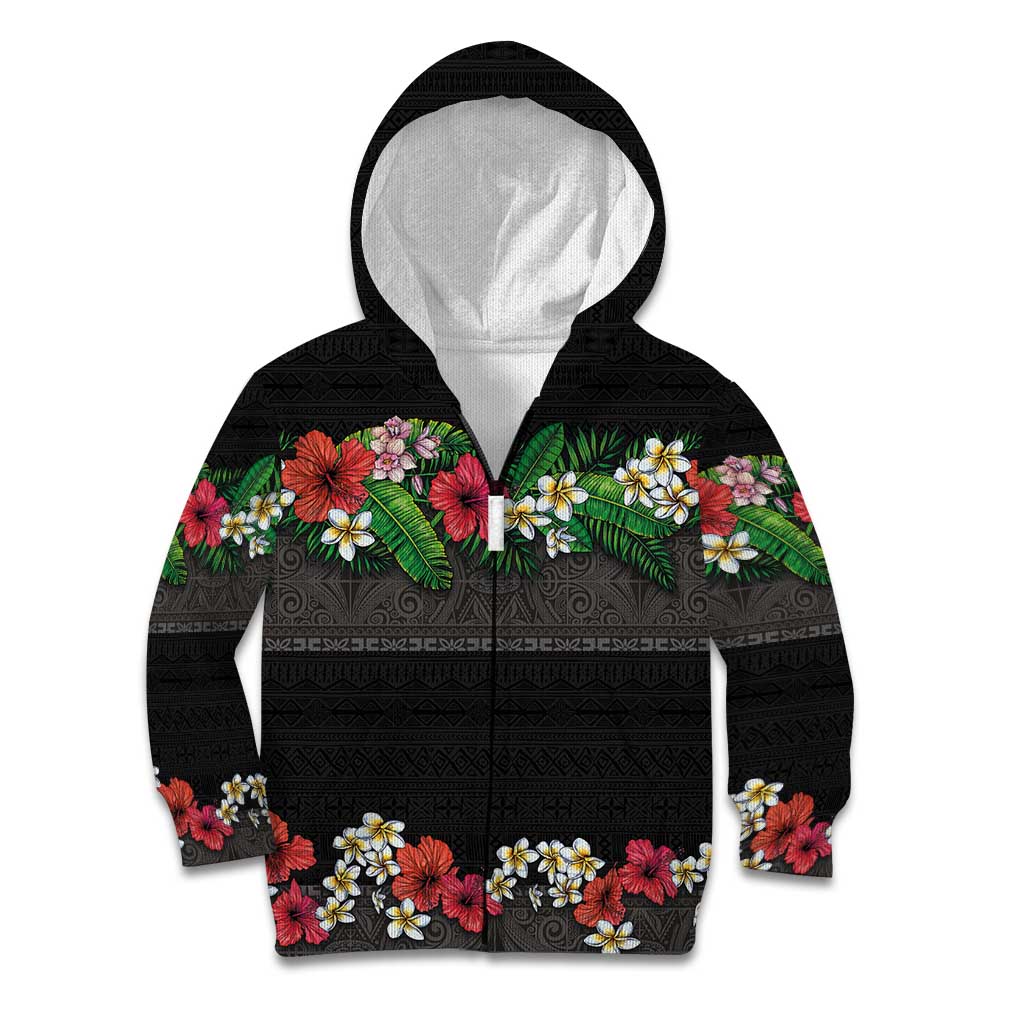 Hawaiian Tropical Flowers and Tribal Polynesian Tattoo Kid Hoodie Black Color LT03 Zip Hoodie Black - Polynesian Pride