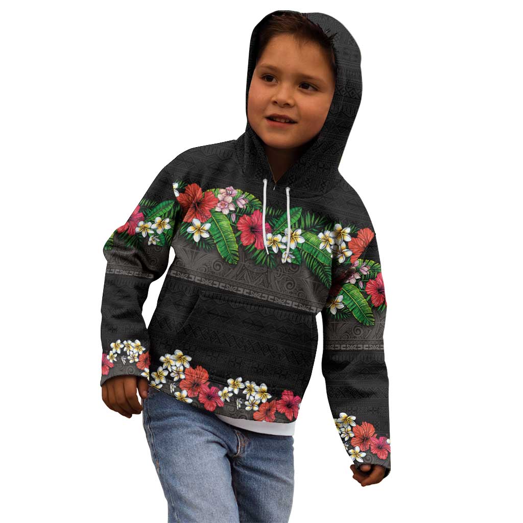 Hawaiian Tropical Flowers and Tribal Polynesian Tattoo Kid Hoodie Black Color LT03 - Polynesian Pride