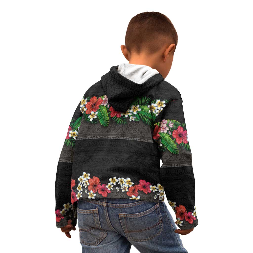 Hawaiian Tropical Flowers and Tribal Polynesian Tattoo Kid Hoodie Black Color LT03 - Polynesian Pride