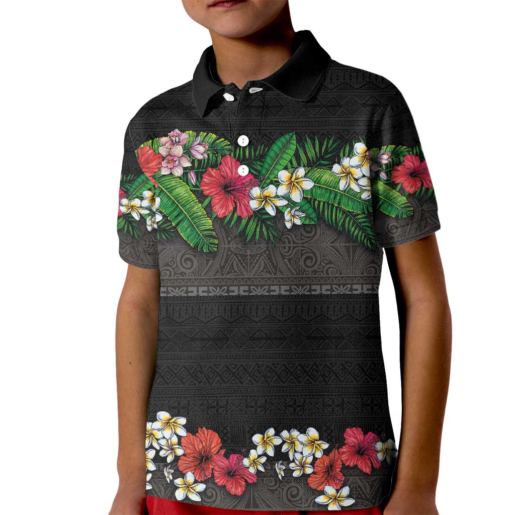 Hawaiian Tropical Flowers and Tribal Polynesian Tattoo Kid Polo Shirt Black Color LT03 Kid Black - Polynesian Pride