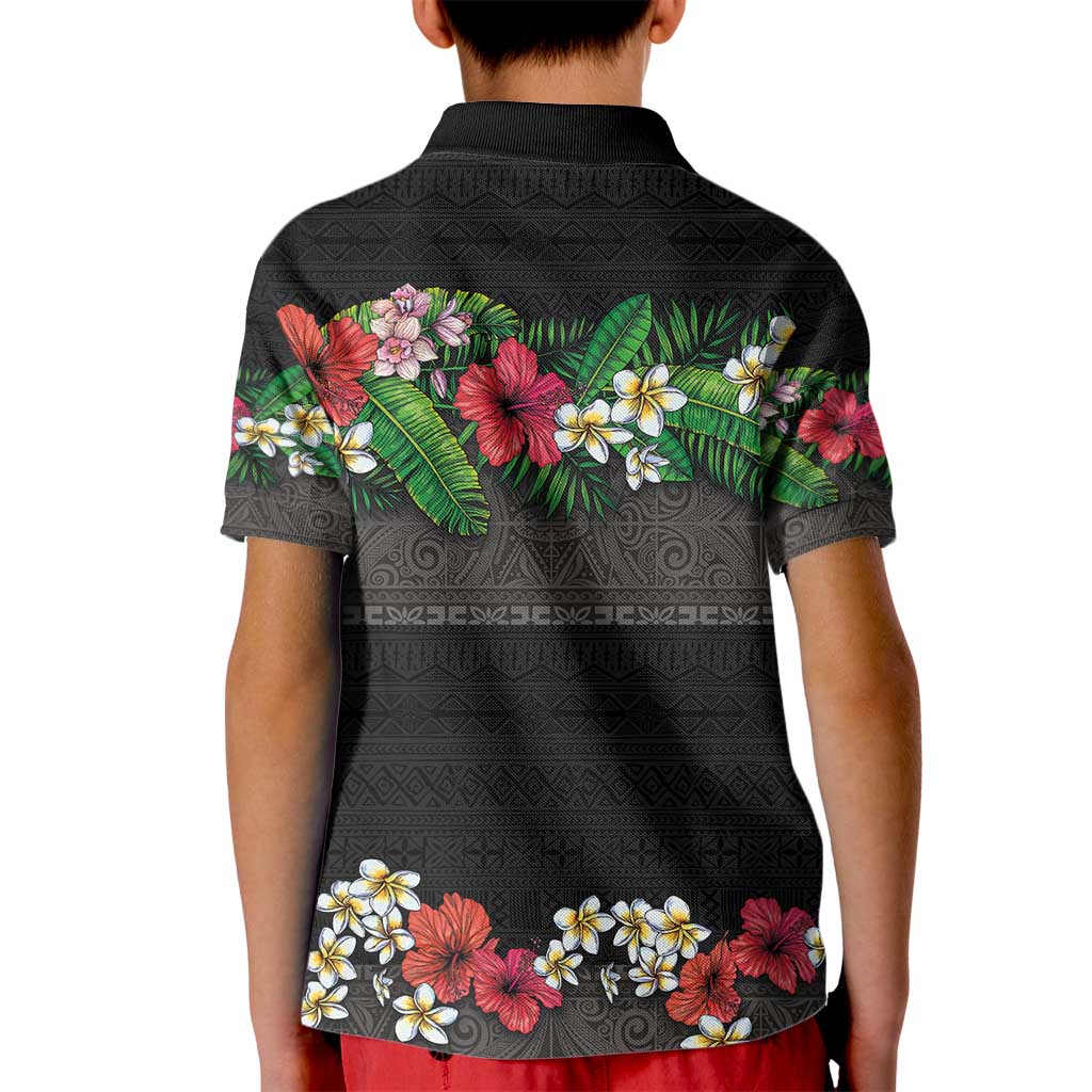Hawaiian Tropical Flowers and Tribal Polynesian Tattoo Kid Polo Shirt Black Color LT03 - Polynesian Pride