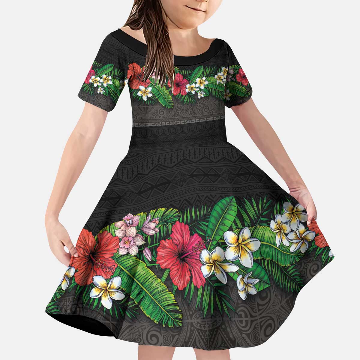 Hawaiian Tropical Flowers and Tribal Polynesian Tattoo Kid Short Sleeve Dress Black Color LT03 KID Black - Polynesian Pride