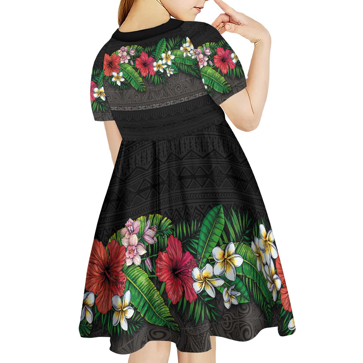 Hawaiian Tropical Flowers and Tribal Polynesian Tattoo Kid Short Sleeve Dress Black Color LT03 - Polynesian Pride