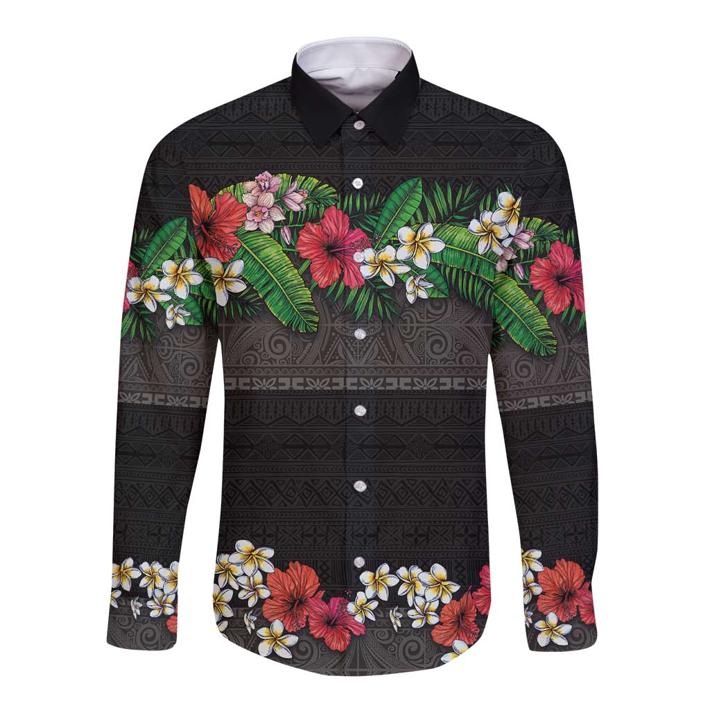 Hawaiian Tropical Flowers and Tribal Polynesian Tattoo Long Sleeve Button Shirt Black Color LT03 Unisex Black - Polynesian Pride
