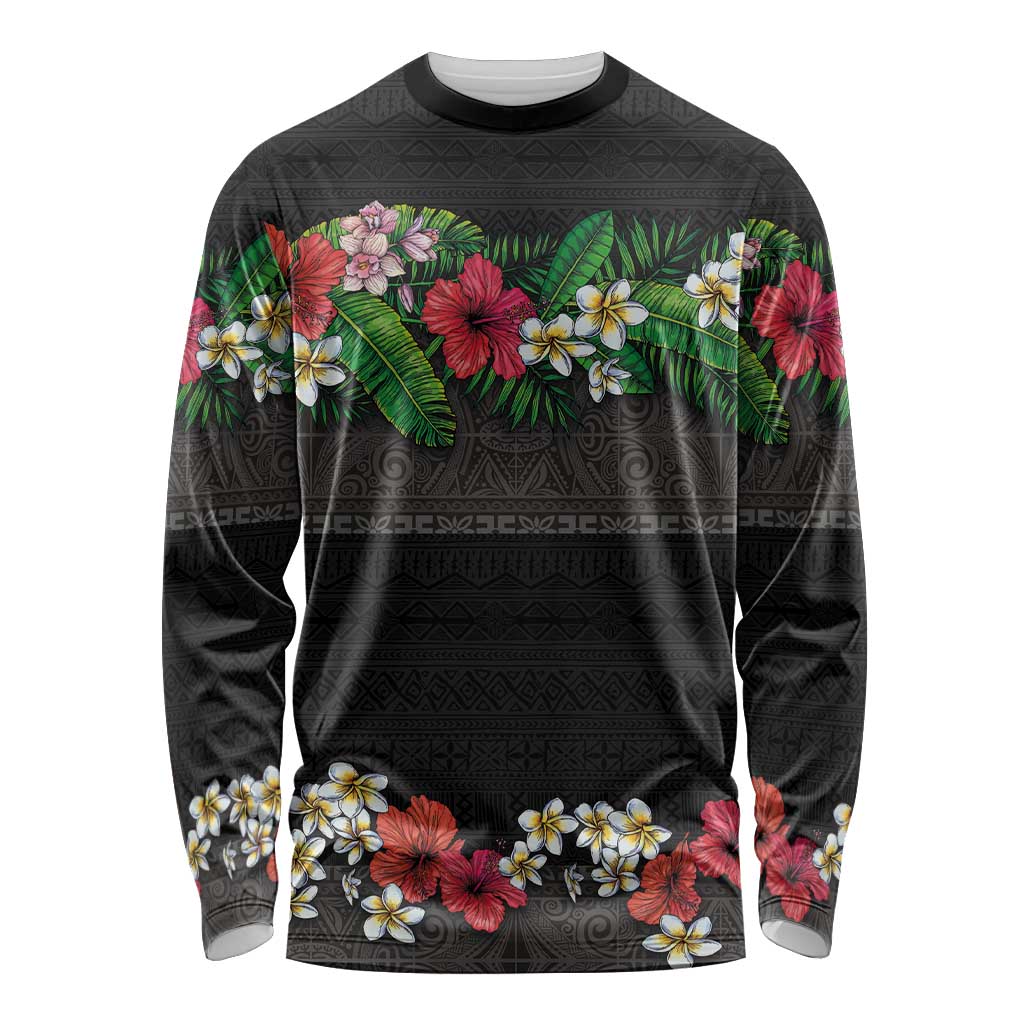 Hawaiian Tropical Flowers and Tribal Polynesian Tattoo Long Sleeve Shirt Black Color LT03 Unisex Black - Polynesian Pride