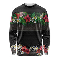 Hawaiian Tropical Flowers and Tribal Polynesian Tattoo Long Sleeve Shirt Black Color LT03 Unisex Black - Polynesian Pride