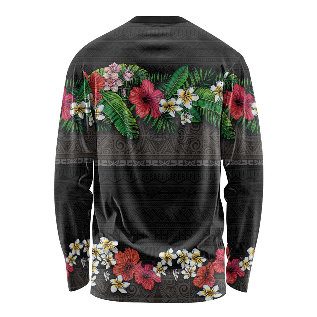 Hawaiian Tropical Flowers and Tribal Polynesian Tattoo Long Sleeve Shirt Black Color LT03 - Polynesian Pride