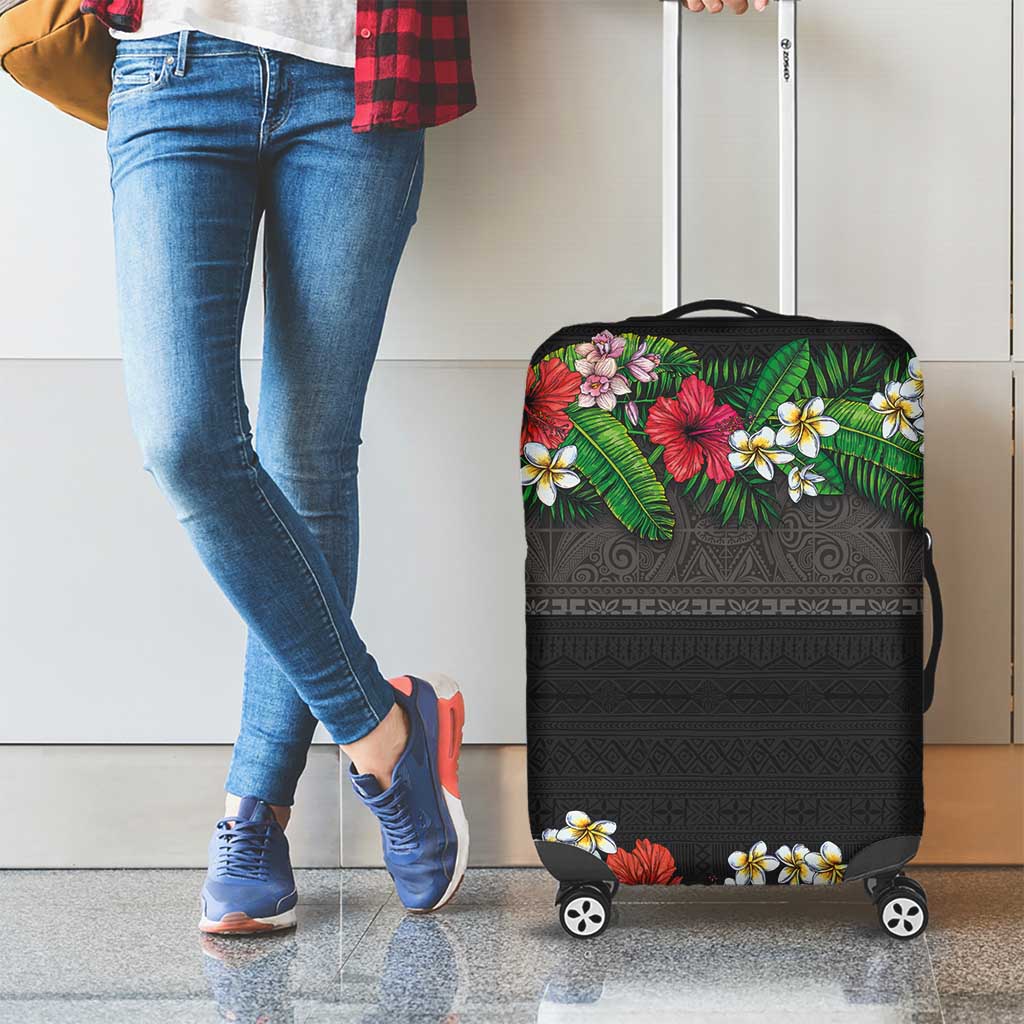 Hawaiian Tropical Flowers and Tribal Polynesian Tattoo Luggage Cover Black Color LT03 - Polynesian Pride
