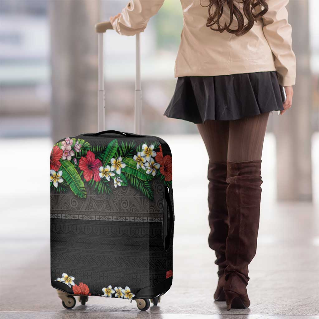 Hawaiian Tropical Flowers and Tribal Polynesian Tattoo Luggage Cover Black Color LT03 - Polynesian Pride