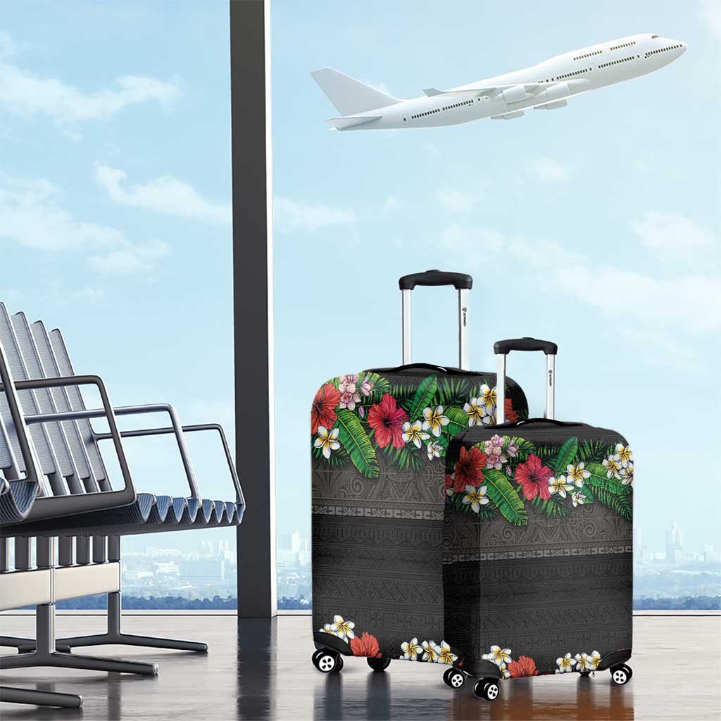 Hawaiian Tropical Flowers and Tribal Polynesian Tattoo Luggage Cover Black Color LT03 - Polynesian Pride
