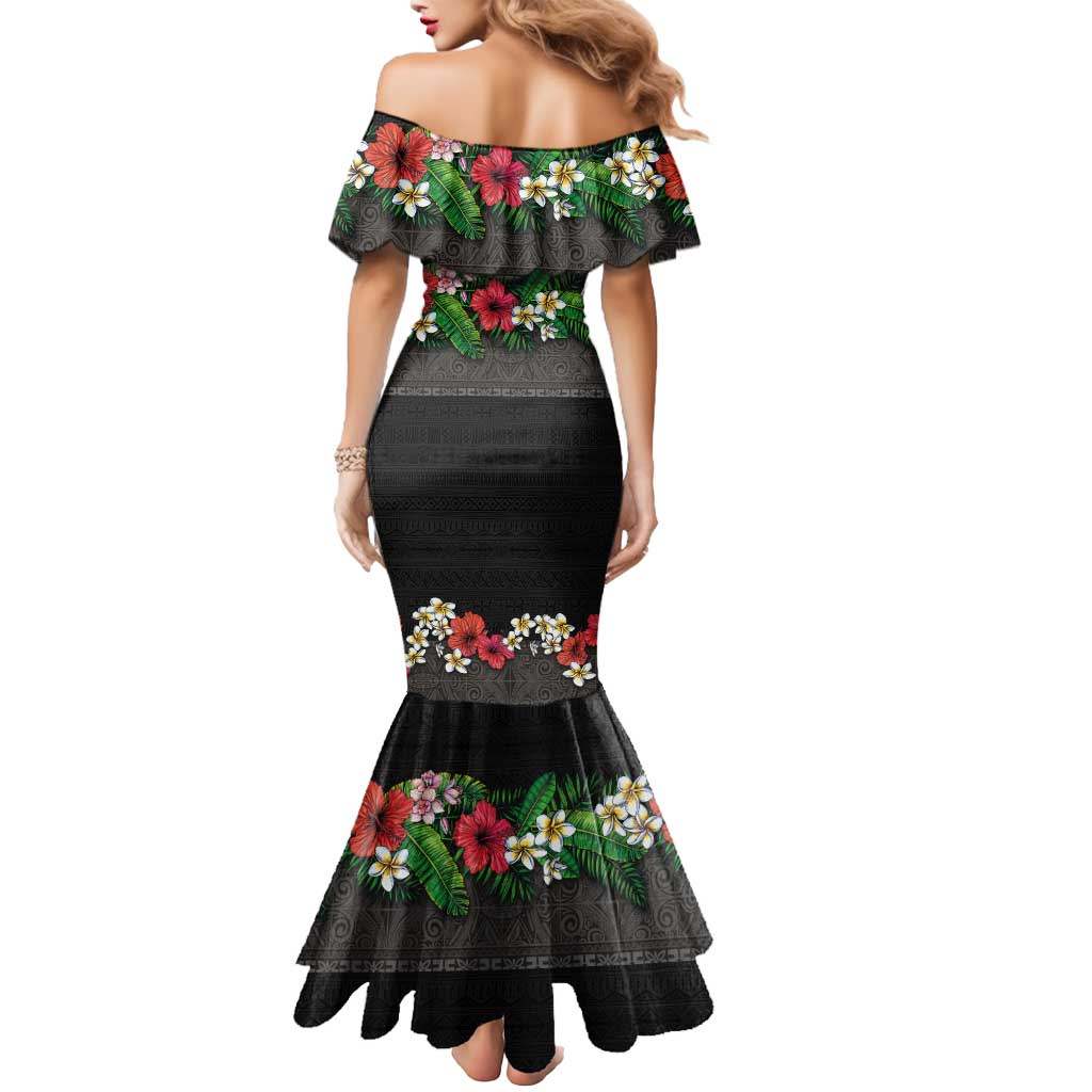 Hawaiian Tropical Flowers and Tribal Polynesian Tattoo Mermaid Dress Black Color LT03 - Polynesian Pride